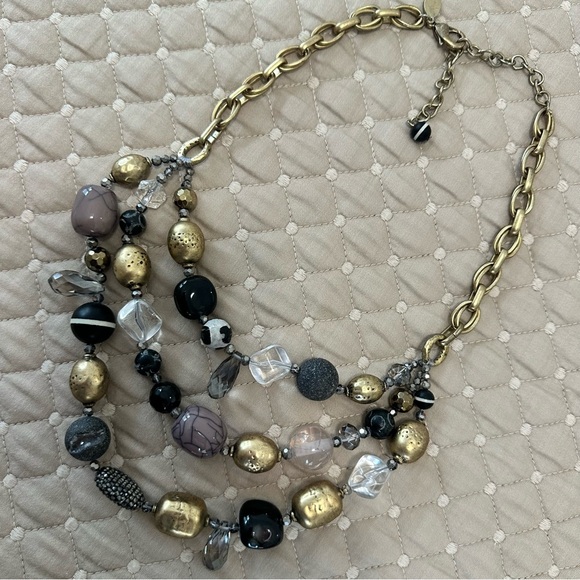 Three Strand large multiple beads gold adjustable necklace - Picture 2 of 5